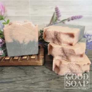 Handmade Goat Milk Sea Salt Soap denim blue and blush pink bar with coarse Himalayan pink salt topping