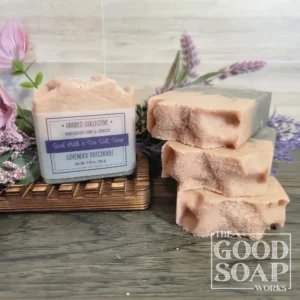 Handmade Goat Milk Sea Salt Soap lavender patchouli two-toned bar close up with salt crystals on top