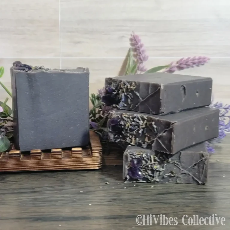 Crown Chakra Soap dark purple tallow soap with dried lavender buds and tumbled amethyst stone