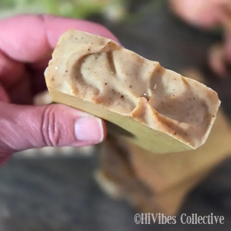 Holiday Woods Tallow Soap top view showing turmeric specks in light brown woodsy cinnamon soap