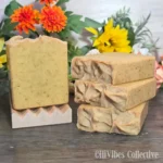Holiday Woods Tallow Soap light golden brown 100% tallow soap with turmeric specks top and side view on dish