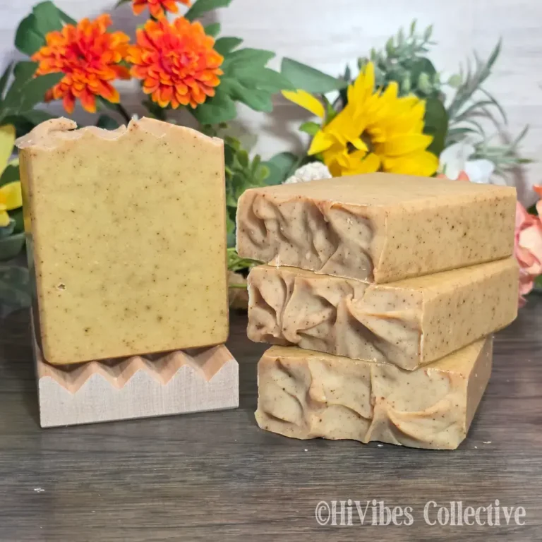 Holiday Woods Tallow Soap light golden brown 100% tallow soap with turmeric specks top and side view on dish