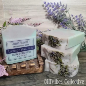 Lavender Mint Soap lavender and spearmint tallow soap with botanical toppings labeled