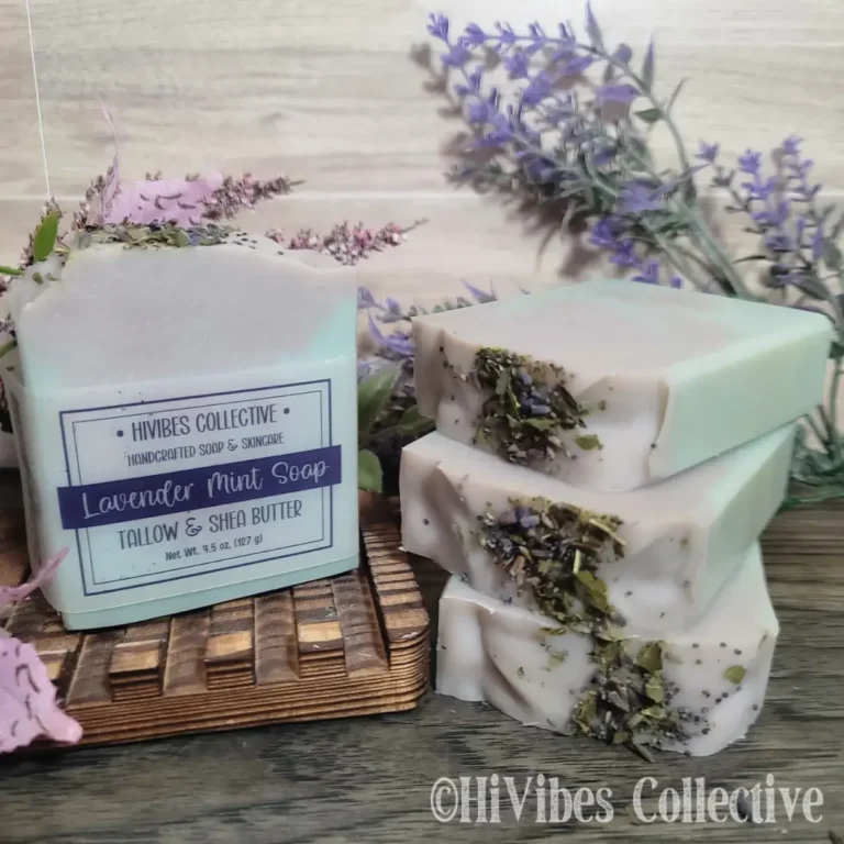 Lavender Mint Soap lavender and spearmint tallow soap with botanical toppings labeled