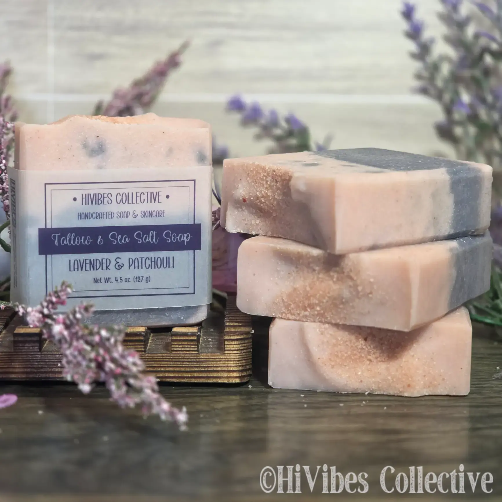 Brine & Blossom sea salt tallow soap denim blue and blush pink two-toned bar