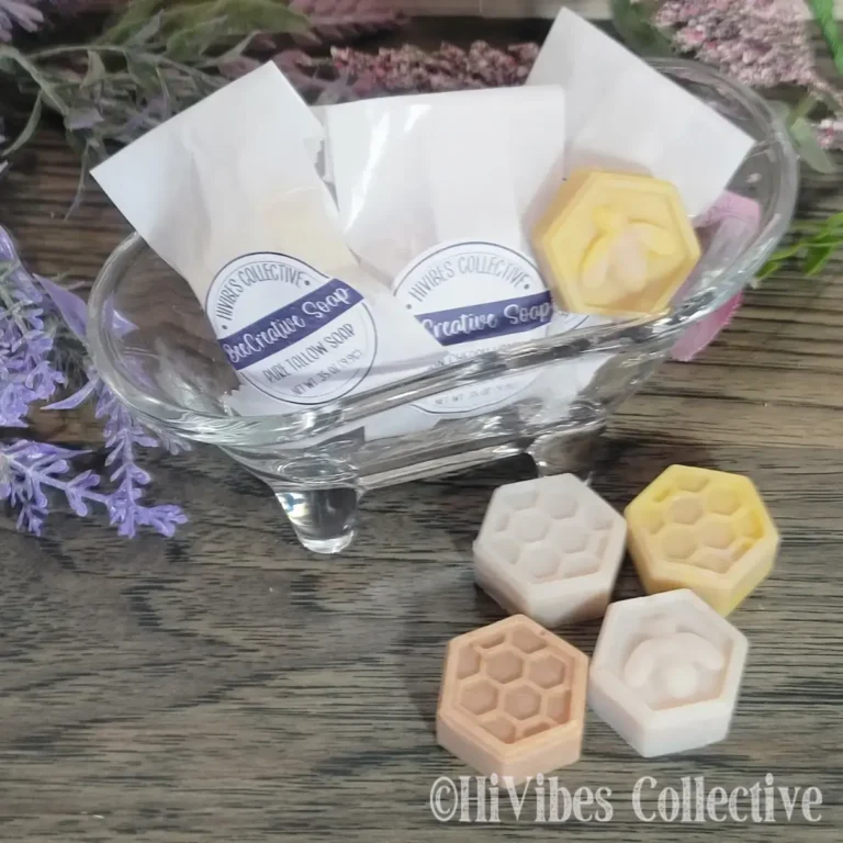 Guest Soaps hexagonal honeycomb and honey bee design handcrafted soap bars in glassine bags with round labels