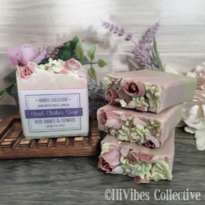 Heart Chakra Soap green and pink layered handcrafted soap with rose quartz crystals and soap flowers labeled
