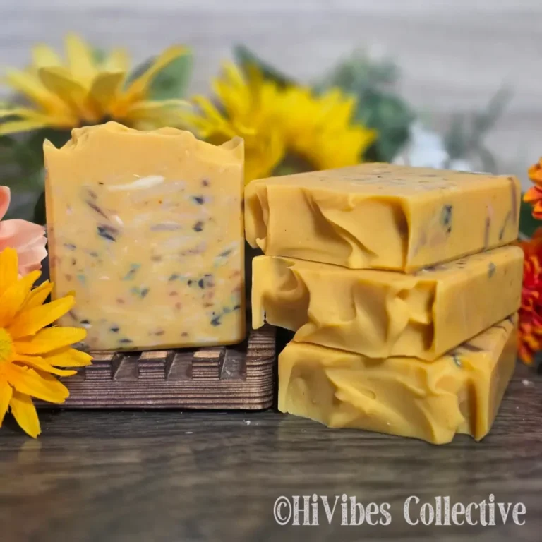 Confetti Soap golden yellow tallow soap with colorful soap shreds from HiVibes Collective lineup unlabeled