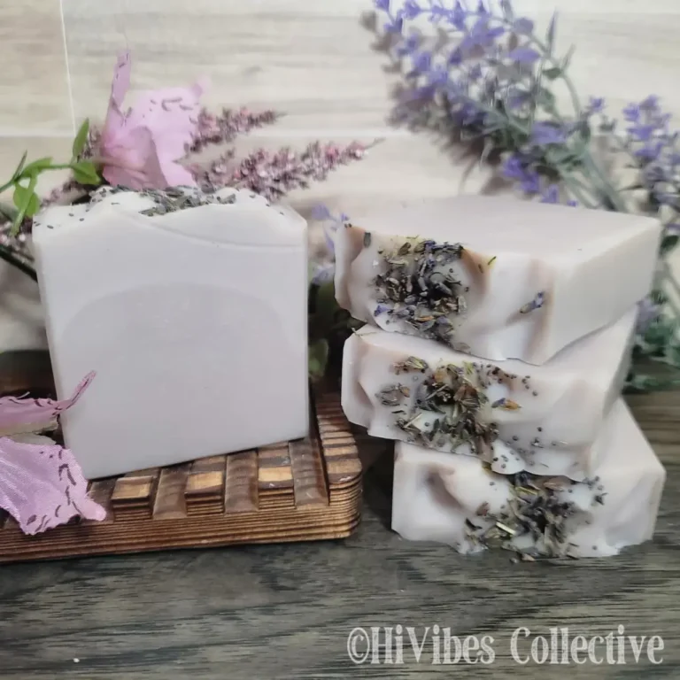 Lavender Soap soft lavender tallow soap with dried lavender buds and poppy seeds on top unlabeled