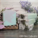 Lavender Mint Soap swirl of lavender and green tallow soap with lavender buds and poppy seeds on top unlabeled