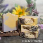 Lemon Lavender Soap yellow and lavender swirl tallow soap with lavender buds and poppy seeds on top unlabeled
