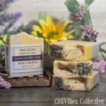 Lemon Lavender Soap lemon and lavender essential oil tallow soap with annatto and alkanet root colorants labeled