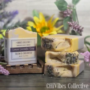 Lemon Lavender Soap lemon and lavender essential oil tallow soap with annatto and alkanet root colorants labeled