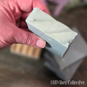 Blue Atlas Tallow Soap top view showing natural indigo specks throughout medium blue bar