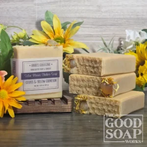 Solar Plexus Chakra Soap golden yellow handcrafted soap with yellow carnelian stones close up