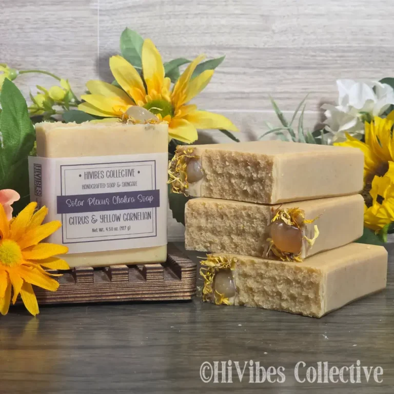Solar Plexus Chakra Soap golden yellow handcrafted soap with yellow carnelian stones close up