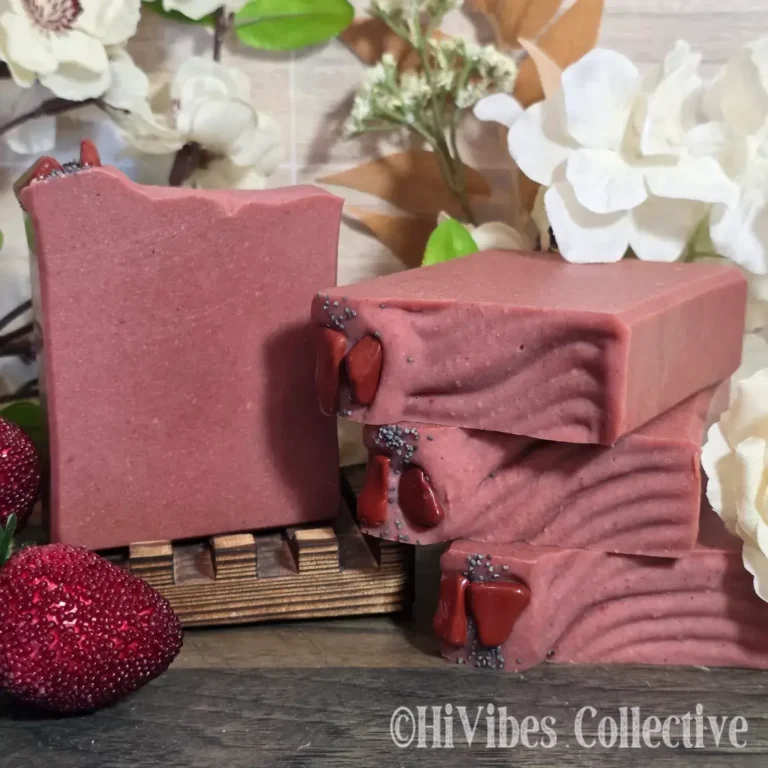 Root Chakra Soap deep watermelon-crimson tallow soap with poppy seeds and red jasper stone unlabeled