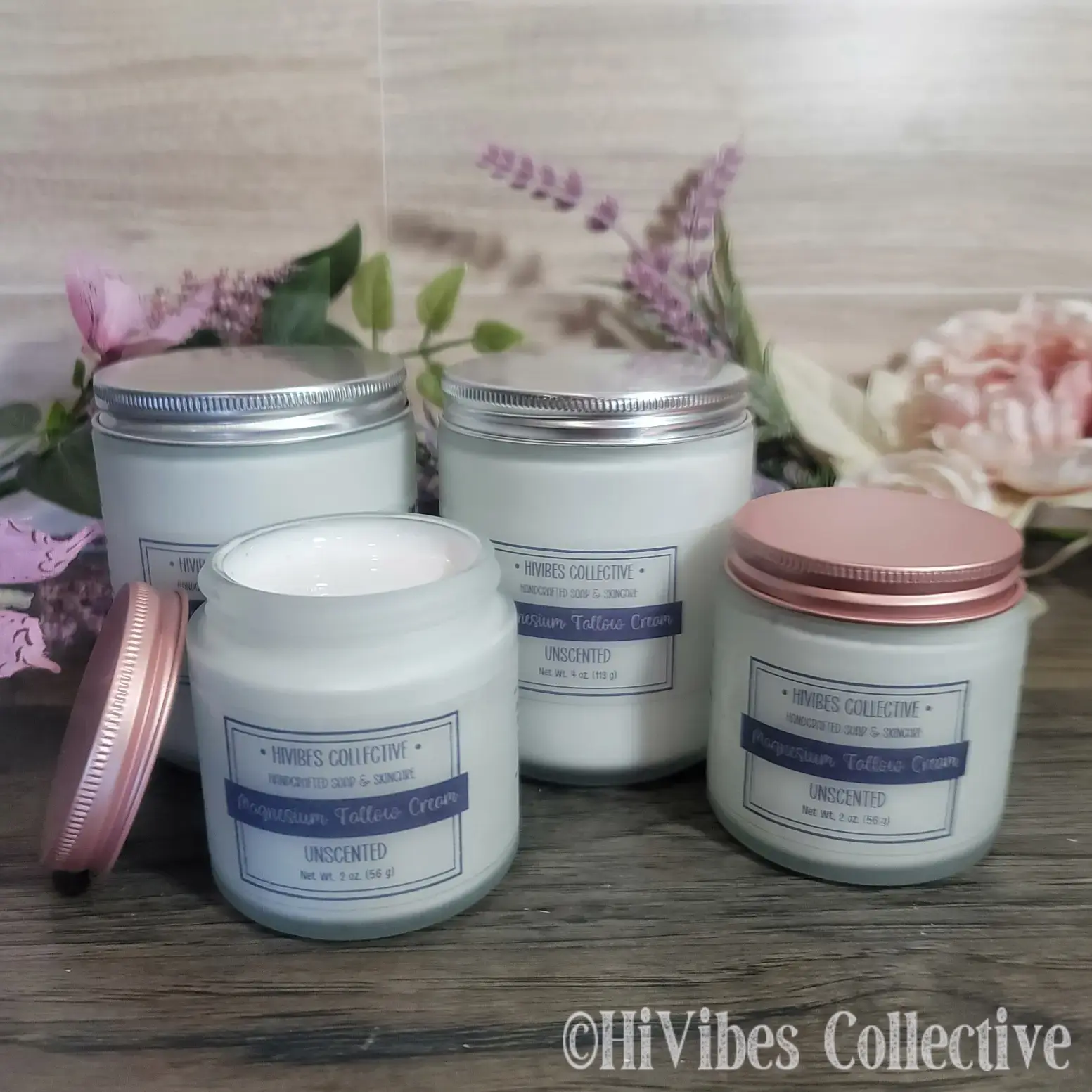Magnesium Whipped Tallow Unscented small and large frosted glass jars with metal lids