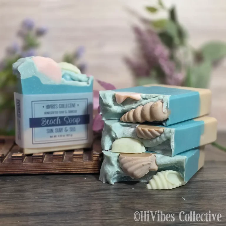 Beach Soap handcrafted layered ocean soap with soap seashell toppers labeled