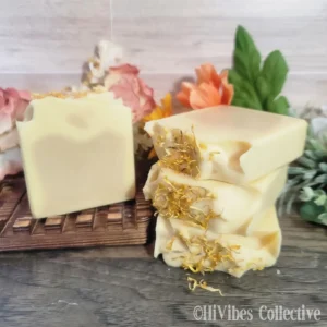 Calendula Soap soft yellow tallow soap with dried calendula petals on top double infusion unlabeled