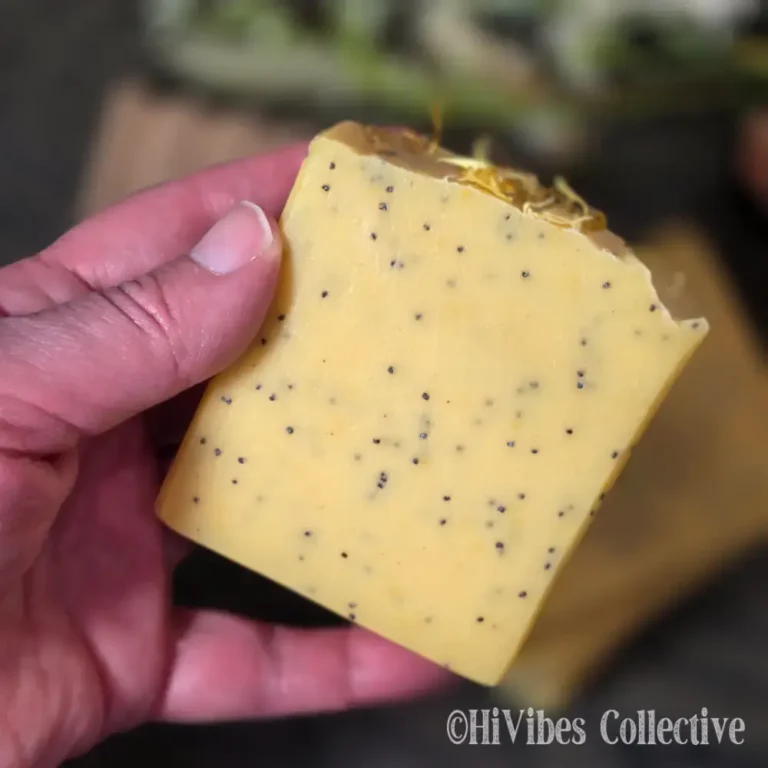 Sunlit Citrus Tallow Soap side view annatto-infused 100% tallow soap with poppy seeds