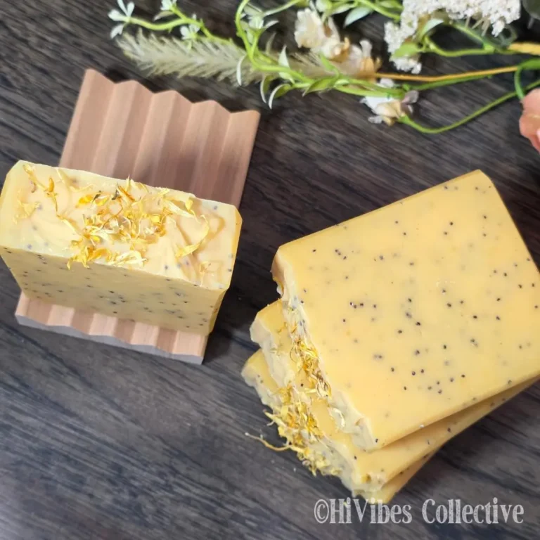 Sunlit Citrus Tallow Soap golden yellow citrus tallow soap with nine essential oils on soap dish