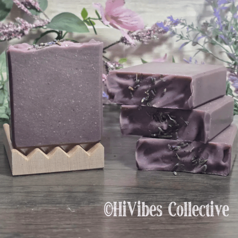 Violet and Mint Tallow Soap deep purple 100% tallow soap with dried lavender buds top and side view on dish