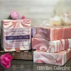 Peppermint Holiday Soap pink and white swirled tallow soap bar close up