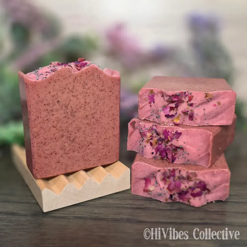 Rosehip Garden Tallow Soap deep pink mauve 100% tallow soap with rose petals and poppy seeds top and side view