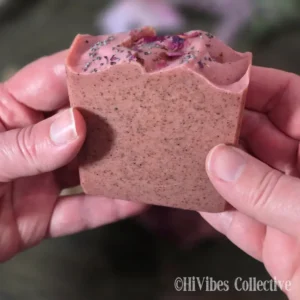 Rosehip Garden Tallow Soap dark pink rhubarb-infused tallow soap with botanical topper