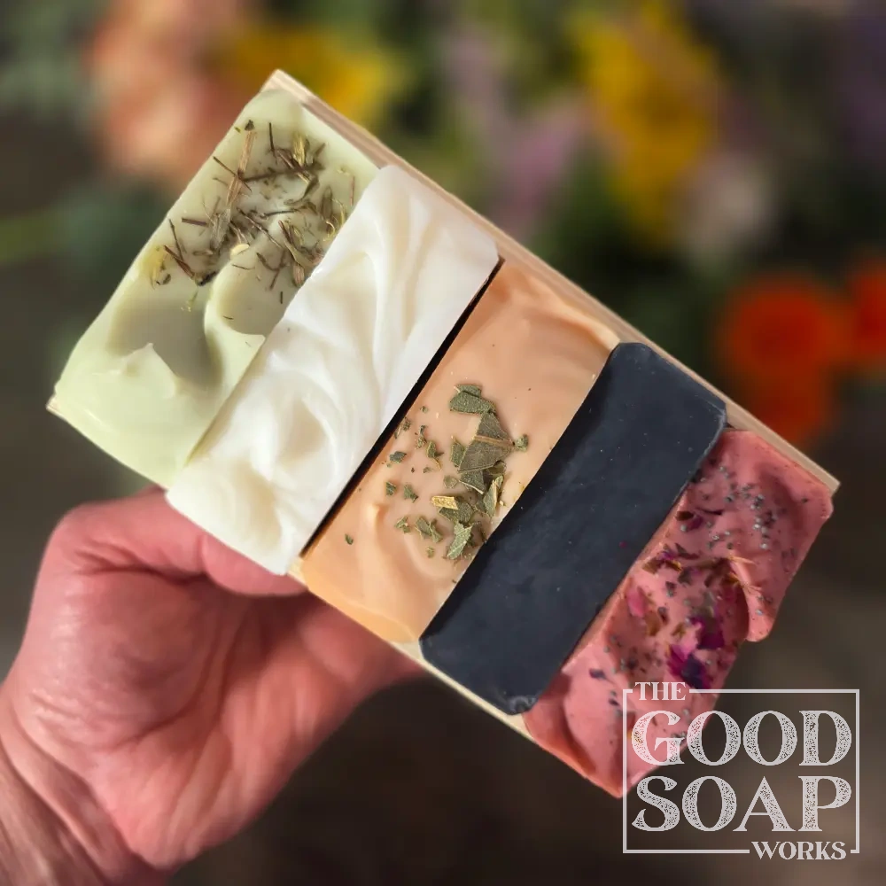 The Serious Soap Crate with 5 Soaps of your choice, shown from the top (with no bows)
