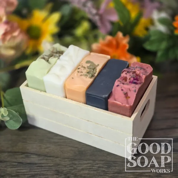 The Serious Soap Crate with 5 Soaps of your choice, shown from the side (with no bows)
