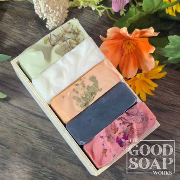 The Serious Soap Crate with 5 Soaps of your choice, shown from the top (with no bows)