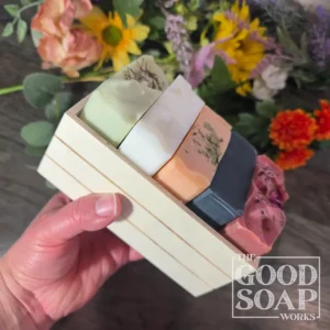 The Serious Soap Crate with 5 Soaps of your choice, being held and shown from the side (with no bows)