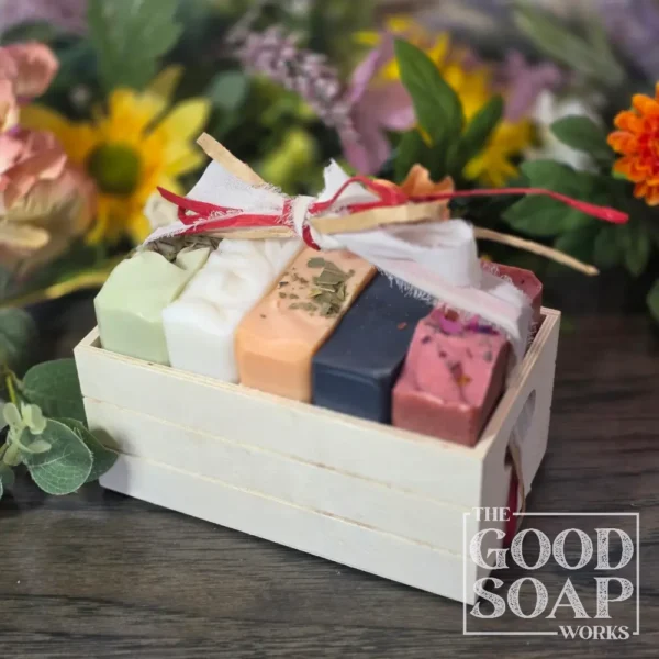 The Serious Soap Crate with 5 Soaps of your choice, shown from the side with optional ribbons