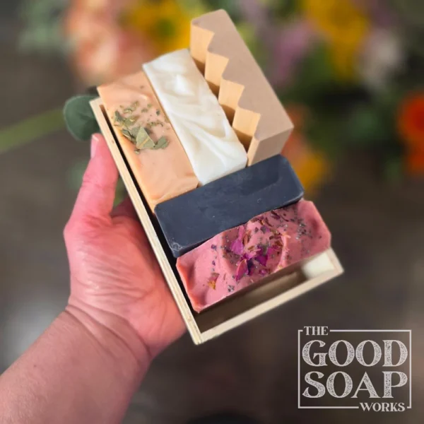 Soap Lovers Gift Crate - Top View shown with Wood Soap dish (without Bows)
