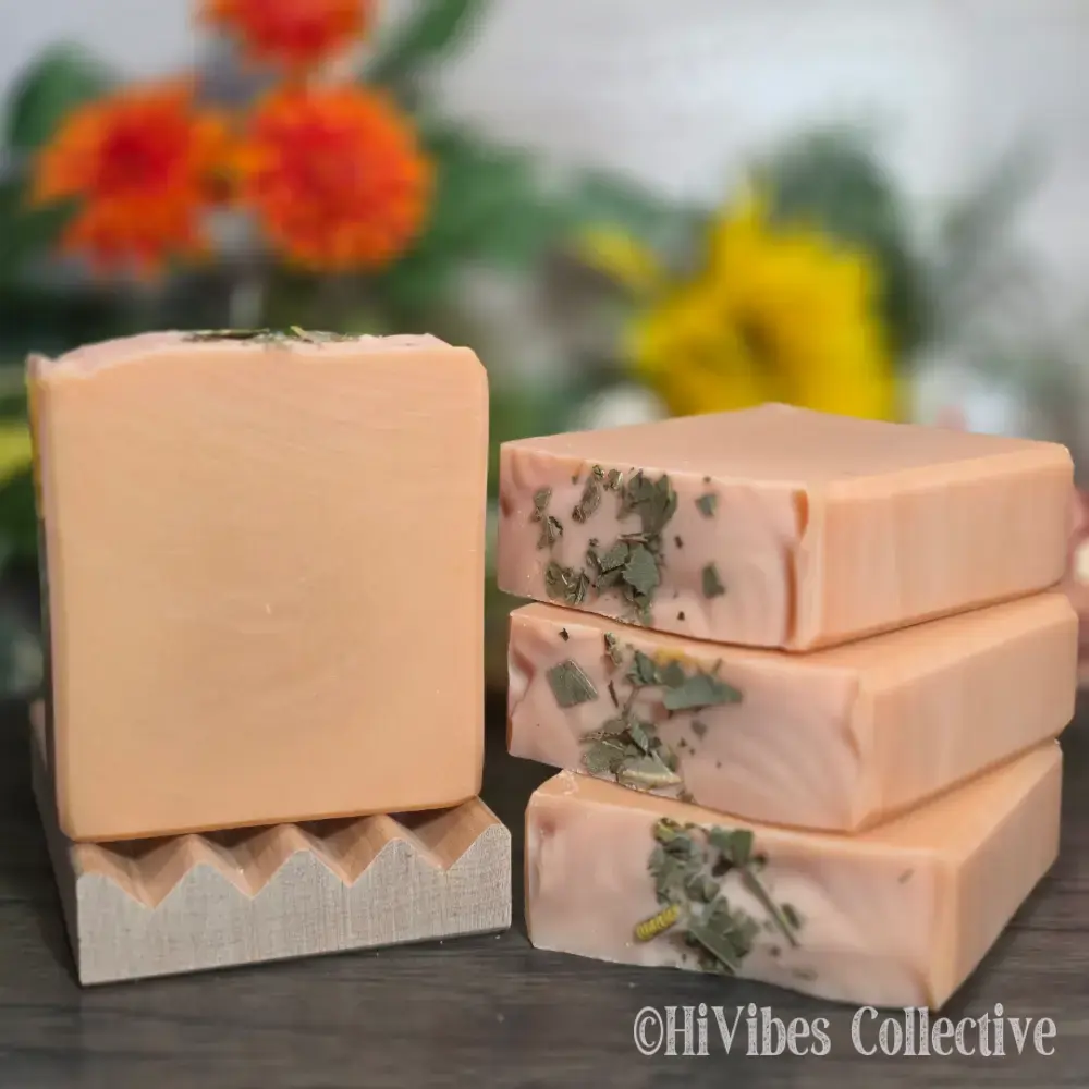 Refresh and Restore Tallow Soap soft peach 100% tallow spa soap with eucalyptus and peppermint leaves on dish