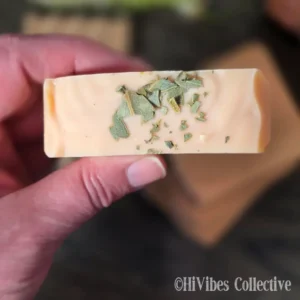 Refresh and Restore Tallow Soap top view showing dried peppermint and eucalyptus leaves