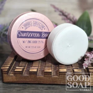 Sun & Shield mineral sunscreen bar made with 25% non-nano zinc oxide, shown as a solid bar
