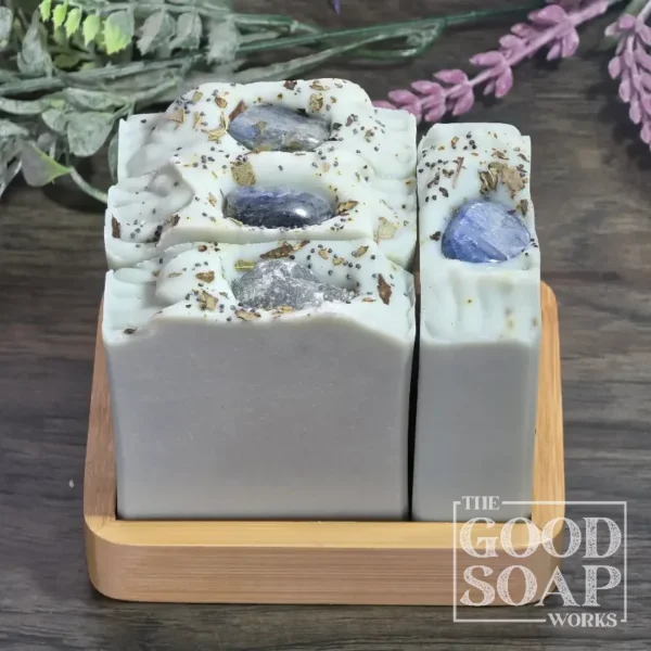 Throat Chakra Soap with Lepidolite - on Soap Dish showing side and top view
