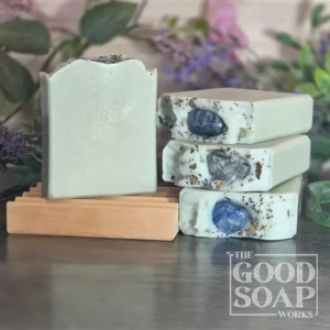 Throat Chakra Soap with Lepidolite - on Soap Dish showing side and top view