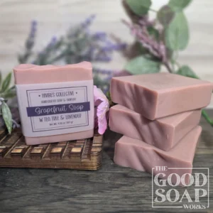 Grapefruit Soap light pink handcrafted tallow soap with yellow dock root colorant labeled
