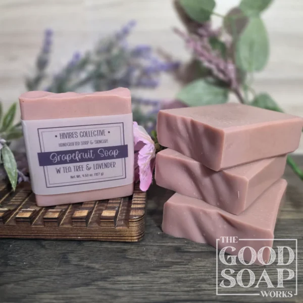 Grapefruit Soap light pink handcrafted tallow soap with yellow dock root colorant labeled