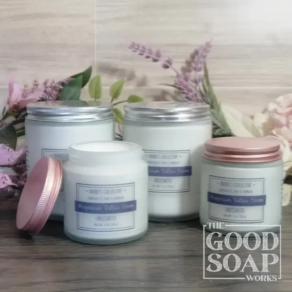 Magnesium Whipped Tallow Unscented small and large frosted glass jars with metal lids