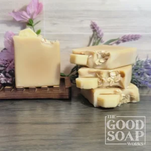 Honeymoon Soap milky beige tallow goat milk soap with hexagonal guest soap and oats on top unlabeled