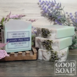 Lavender Mint Soap lavender and spearmint tallow soap with botanical toppings labeled