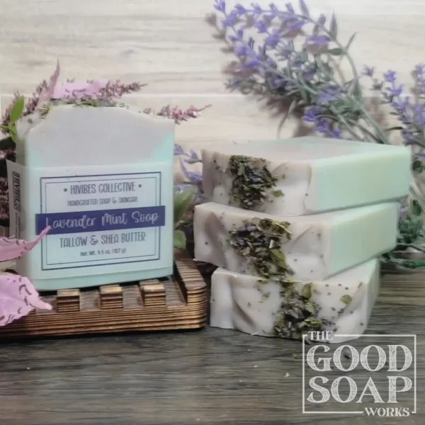 Lavender Mint Soap lavender and spearmint tallow soap with botanical toppings labeled