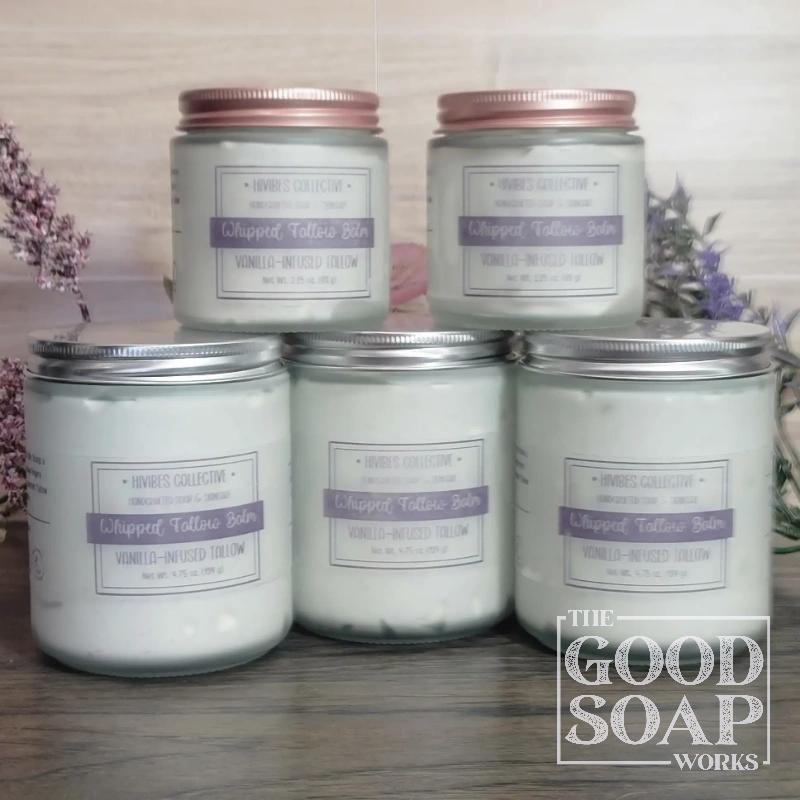 Whipped Tallow Infused vanilla and calendula options small and large frosted glass jars
