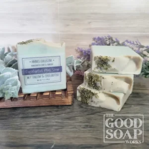 Eucalyptus Mint Soap Top & Side View on Soap Dish - with label