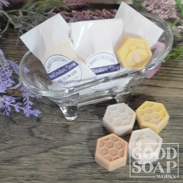 Guest Soaps hexagonal honeycomb and honey bee design handcrafted soap bars in glassine bags with round labels